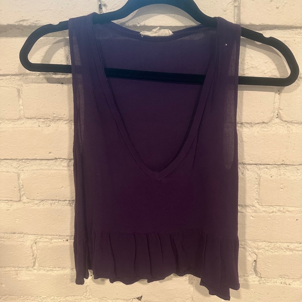 Purple V Neck Crop Top with Ruffle Bottom